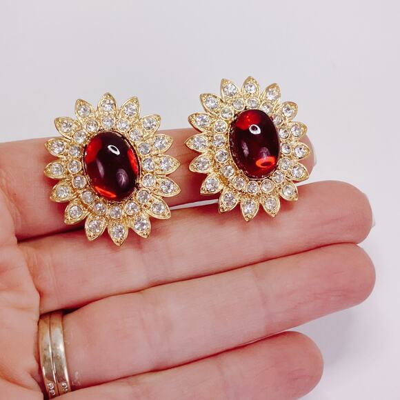 Vintage Arnold Scaasi Moghul Jewels Clip-On Earrings Signed Floral Red Cabochon - Picture 6 of 11